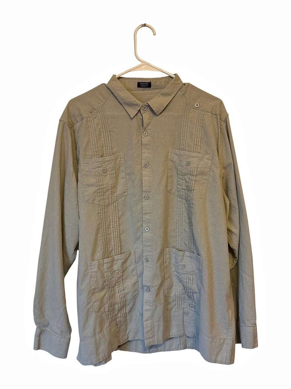 COOFANDY Men's Long Sleeve Cuban Guayabera Shirt Beige XXL
